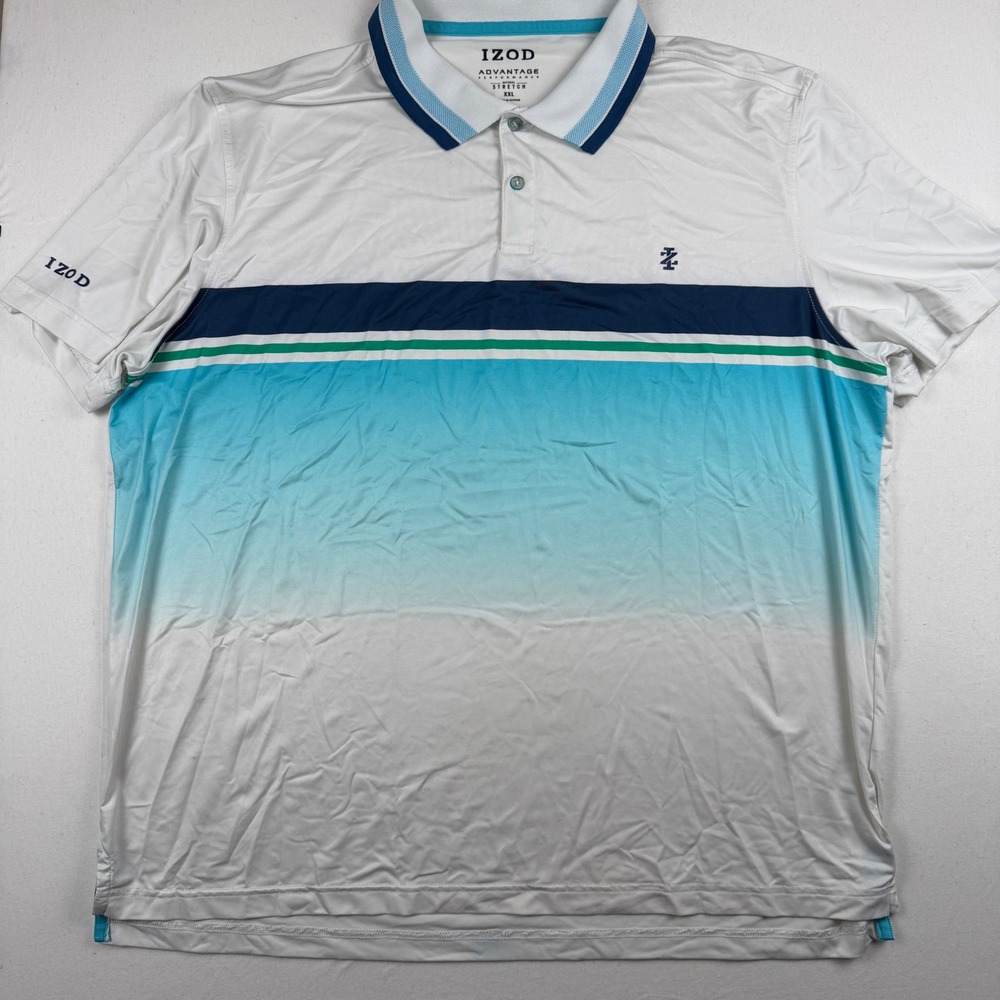 IZOD Advantage Performance Polo Shirt XXL White Blue Green Striped Stretch Golf